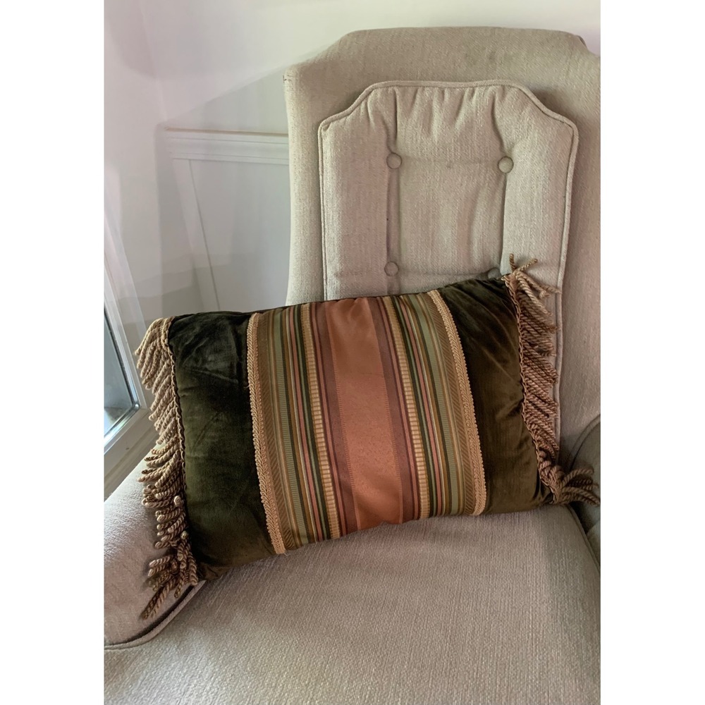 Vintage Olive Luxury Velvet Lumbar Pillow Striped Silk Fringe Boho Retro 90s